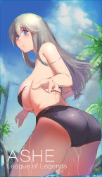 Rule 34 | 1girl, ashe (league of legends), ass, bikini, black bikini, blue eyes, breasts, cowboy shot, female focus, from behind, hair between eyes, highres, large breasts, league of legends, long hair, looking at viewer, parted lips, partially submerged, silver hair, sketch, sky of morika, solo, swimsuit, untied bikini, wading