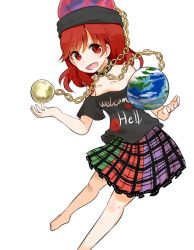 Rule 34 | 1girl, bad id, bad pixiv id, bare shoulders, chain, clothes writing, collar, earth (ornament), english text, hat, hecatia lapislazuli, long hair, looking at viewer, misha (hoongju), moon (ornament), multicolored clothes, multicolored skirt, red eyes, red hair, shirt, skirt, smile, solo, t-shirt, touhou, transparent background