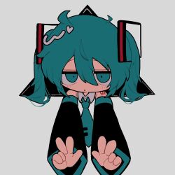 Rule 34 | 1girl, aqua eyes, aqua hair, aqua necktie, bare shoulders, black sleeves, collared shirt, detached sleeves, double w, hair between eyes, hair ornament, hatsune miku, highres, jitome, long hair, long sleeves, looking at viewer, necktie, outside border, outstretched arms, shiba inu (j1piwzrj8xdzywk), shirt, solo, straight-on, through medium, triangle background, twintails, twitter username, vocaloid, w