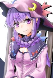 Rule 34 | 1girl, alternate hair length, alternate hairstyle, blush, breasts, capelet, chair, cleavage, cleavage cutout, clothing cutout, crescent, crescent pin, dress, hat, hat ornament, head tilt, highres, looking at viewer, medium breasts, oshiaki, patchouli knowledge, purple capelet, purple dress, purple eyes, purple hair, purple hat, short hair, sidelocks, sitting, smile, solo, touhou