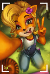 Rule 34 | 1girl, blonde hair, body fur, buttons, coco bandicoot, commentary, crash bandicoot (series), english commentary, eyelashes, flower, furry, furry female, grass, green eyes, hair flower, hair ornament, long hair, looking at viewer, lushiesart, overalls, plant, ponytail, selfie, shirt, short sleeves, signature, solo, tongue, tongue out, v, white shirt