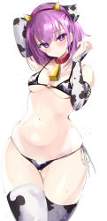 Rule 34 | 1girl, absurdres, animal ears, animal print, arm behind head, arm up, armpits, bare shoulders, bell, bikini, blush, breasts, bridal gauntlets, collar, collarbone, covered erect nipples, cow ears, cow horns, cow print, cowbell, detached sleeves, fate/grand order, fate (series), gluteal fold, hanasaka houcha, helena blavatsky (fate), highres, horns, looking at viewer, navel, neck bell, open mouth, purple eyes, purple hair, short hair, side-tie bikini bottom, simple background, small breasts, sweat, swimsuit, thigh gap, thighhighs, thighs, underboob, white background