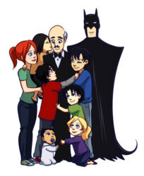 Rule 34 | 3girls, 6+boys, alfred pennyworth, baby, barbara gordon, batman, batman (series), black hair, blonde hair, blue eyes, blue shirt, bow, bowtie, brother and sister, brothers, bruce wayne, cape, carrying, cassandra cain, damian wayne, dc comics, denim, dick grayson, facial hair, family, father and daughter, father and son, formal, freckles, glasses, green shirt, hug, jason todd, jeans, lowres, multiple boys, multiple girls, mustache, orange hair, pants, ponytail, purple shirt, red shirt, shirt, siblings, stephanie brown, suit, tim drake, tuxedo, wink, yellow shirt