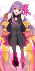 Rule 34 | 10s, 1girl, arms at sides, black footwear, blush, boots, breasts, claws, cleavage, fate/extra, fate/extra ccc, fate/grand order, fate (series), hair ribbon, high heel boots, high heels, highres, huge breasts, invisible chair, kama (ayaka319), legs together, long hair, looking at viewer, o-ring, o-ring top, open mouth, passionlip (fate), purple eyes, purple hair, purple ribbon, ribbon, sitting, solo, teeth, thighs