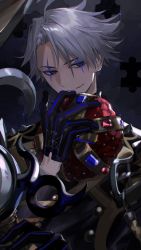 Rule 34 | 1boy, ahoge, evil smile, facial mark, fate/grand order, fate (series), gloves, grey eyes, grey hair, holding, itefu, james moriarty (ruler) (fate), long hair, looking away, male focus, short hair, shoulder spikes, smile, solo, sparkle, spikes, teeth, upper body