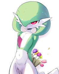 Rule 34 | 1girl, absurdres, arms behind back, bob cut, bouquet, closed mouth, collarbone, colored skin, cowboy shot, creatures (company), female focus, flat chest, flower, game freak, gardevoir, gen 3 pokemon, green hair, green skin, hair over one eye, happy, highres, holding, holding bouquet, looking at viewer, multicolored skin, navel, nintendo, noconcession, one eye covered, orange flower, petals, pink flower, pokemon, pokemon (creature), purple flower, red eyes, short hair, simple background, smile, solo, standing, stomach, two-tone skin, white background, white skin, yellow flower