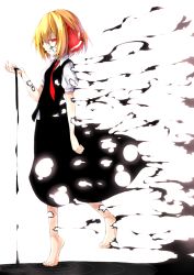 Rule 34 | 1girl, asameshi, barefoot, black skirt, blonde hair, darkness, full body, hair ribbon, looking at viewer, necktie, red eyes, red necktie, ribbon, rumia, short sleeves, simple background, skirt, solo, touhou, vest, white background