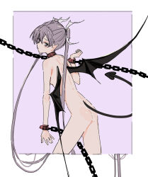 Rule 34 | 1girl, ass, breasts, chain, chain leash, collar, completely nude, cuffs, demon girl, demon tail, demon wings, grey eyes, grey hair, highres, leash, long hair, nitrio, nude, original, shackles, small breasts, solo, tail, twintails, very long hair, wings