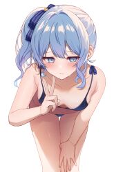 Rule 34 | 1girl, averting eyes, bikini, blue bikini, blue eyes, blue hair, blush, bow, breasts, closed mouth, collarbone, commentary, hair bow, highres, hololive, hoshimachi suisei, kohaku (csacu), leaning forward, medium hair, side ponytail, simple background, small breasts, solo, sweatdrop, swimsuit, symbol-only commentary, thigh gap, v, virtual youtuber, white background