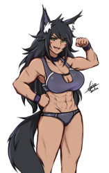Rule 34 | 1girl, abs, airisubaka, animal ear fluff, animal ears, black hair, breasts, cleavage, clenched hand, dark-skinned female, dark skin, eyes visible through hair, facial mark, fang, flexing, green eyes, hair between eyes, highres, large breasts, long hair, mole, mole on stomach, muscular, muscular female, open mouth, original, panties, scar, signature, smile, solo, sports bra, standing, tail, underwear, vera (airisubaka), very long hair, white background, wolf ears, wolf tail, wristband