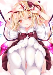 Rule 34 | 1girl, :d, arms up, bad id, bad pixiv id, bed sheet, blonde hair, bow, collared shirt, commentary request, crystal, dress shirt, feet, flandre scarlet, foot focus, frilled shirt collar, frills, head tilt, highres, long hair, looking at viewer, nail polish, nanase nao, no shoes, one side up, open mouth, red bow, red nails, red ribbon, red skirt, red vest, ribbon, shirt, short sleeves, skirt, smile, soles, solo, thighhighs, touhou, vest, white shirt, white thighhighs, wide sleeves, wings
