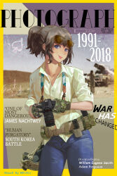 Rule 34 | 1girl, 1other, bateleur, blue eyes, blue pants, brown hair, camera, camouflage gloves, cavehuuu, closed mouth, collarbone, collared shirt, cover, day, denim, eyewear on head, fake magazine cover, helmet, highres, holding, holding camera, jeans, long hair, long sleeves, looking at viewer, magazine cover, military, original, outdoors, pants, ponytail, shirt, sleeves rolled up, solo focus, standing, sunglasses, tongue, tongue out, white shirt