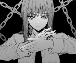 Rule 34 | 1girl, black background, black necktie, braid, braided ponytail, chain, chainsaw man, collared shirt, greyscale, highres, looking at viewer, makima (chainsaw man), medium hair, monochrome, necktie, own hands together, ringed eyes, shirt, sidelocks, simple background, smile, solo, yones81239278