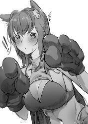 Rule 34 | !, !!, 1girl, ^^^, animal ear fluff, animal ears, animal hands, artist name, blush, bra, breasts, cat ears, fate/grand order, fate (series), gloves, greyscale, hands up, highres, hu tu, kemonomimi mode, large breasts, long hair, looking at viewer, monochrome, navel, paw gloves, scathach (fate), solo, sweatdrop, underwear, upper body, watermark