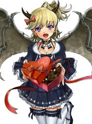 Rule 34 | 1girl, :d, bad feet, blonde hair, blue eyes, bow, breasts, candy, chocolate, chocolate heart, choker, cleavage, demon girl, demon wings, dragon maker, fang, fingernails, food, frilled thighhighs, frills, gaou (umaiyo puyoman), gift, hair bow, heart, high heels, horns, leg up, looking at viewer, nail polish, open mouth, ribbon, shoes, short hair, side ponytail, simple background, skirt, skull, smile, solo, thighhighs, valentine, white thighhighs, wings