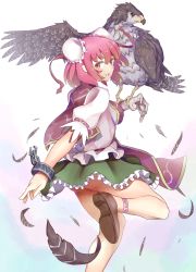 Rule 34 | 1girl, animal on arm, bandages, bird, bird on arm, cuffs, double bun, eagle, feathers, female focus, ginko (nico), hair bun, ibaraki kasen, leg up, looking at viewer, looking back, md5 mismatch, outstretched arm, outstretched hand, pink eyes, pink hair, puffy sleeves, shackles, shirt, short hair, short sleeves, skirt, solo, tabard, touhou, transparent background, upskirt