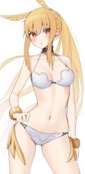 Rule 34 | 1girl, absurdres, bikini, black choker, blonde hair, blush, bracelet, breasts, choker, closed mouth, collarbone, commentary request, copyright request, hair between eyes, hand on own hip, highres, jewelry, kopaka (karda nui), long hair, looking at viewer, medium breasts, navel, ponytail, red eyes, sidelocks, simple background, solo, swimsuit, very long hair, wet, white background, white bikini