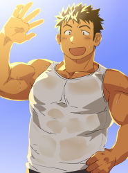 Rule 34 | 1boy, bad id, bad pixiv id, bara, blush, brown eyes, brown hair, gradient background, hand on own hip, large pectorals, male focus, muscular, open mouth, original, pants, pectorals, sagami jon, see-through, short hair, solo, sunlight, sweat, tank top, toned, toned male, upper body, waving, white tank top