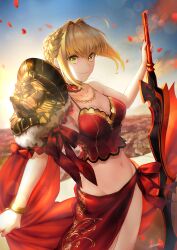 Rule 34 | 1girl, absurdres, aestus estus, ahoge, armor, backlighting, blonde hair, blush, braid, breasts, camisole, fate/extra, fate (series), french braid, green eyes, hair bun, hair intakes, hair ribbon, highres, jewelry, kankitsurui (house of citrus), large breasts, long hair, looking at viewer, midriff, navel, necklace, nero claudius (fate), nero claudius (fate) (all), nero claudius (fate/extra), pauldrons, red camisole, red ribbon, red skirt, ribbon, shoulder armor, single pauldron, skirt, smile, solo, sword, weapon