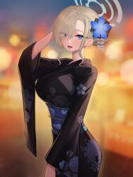 Rule 34 | 1girl, absurdres, aoi riko, asuna (blue archive), asymmetrical bangs, blonde hair, blue archive, blue eyes, blue halo, breasts, floral print, flower, hair between eyes, hair bun, hair flower, hair ornament, hair over one eye, halo, highres, japanese clothes, kimono, large breasts, long sleeves, looking at viewer, open mouth, smile, solo, wide sleeves, yukata