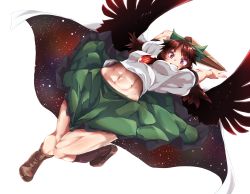 Rule 34 | 1girl, abs, arm cannon, bare legs, black wings, blouse, boots, bow, brown hair, cape, feathers, green skirt, grin, hair bow, highres, long hair, looking at viewer, midriff, navel, pink eyes, puffy short sleeves, puffy sleeves, reiuji utsuho, sherumaa (shellmound), shirt, short sleeves, skirt, smile, solo, teeth, thighs, toned, touhou, weapon, white shirt, wind, wind lift, wings