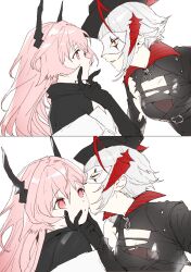 Rule 34 | 2girls, 2koma, ambience synesthesia, antennae, arknights, black gloves, black headwear, black jacket, black shirt, closed eyes, closed mouth, comic, dal-gi, eye contact, gloves, grabbing another&#039;s chin, grey hair, hand on another&#039;s chin, highres, horns, jacket, kiss, kissing cheek, long hair, looking at another, multiple girls, parted lips, pink eyes, pink hair, shirt, simple background, theresa (arknights), torn clothes, upper body, w (arknights), w (wanted) (arknights), white background, white hair, yellow eyes, yuri