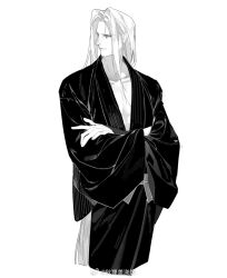 1boy alternate_costume black_kimono chinese_commentary collarbone commentary_request cropped_legs crossed_arms cuntouxiaoyeju expressionless final_fantasy final_fantasy_vii greyscale japanese_clothes kimono long_bangs long_hair looking_to_the_side male_focus monochrome parted_bangs sash sephiroth simple_background solo upper_body very_long_hair white_background