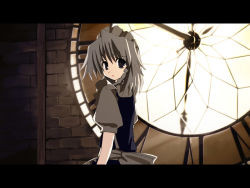 Rule 34 | 1girl, :o, anime coloring, backlighting, braid, female focus, grey eyes, grey hair, izayoi sakuya, letterboxed, looking back, maid, maid headdress, open mouth, puffy short sleeves, puffy sleeves, short hair, short sleeves, solo, stained glass, touhou, twin braids, wall, window