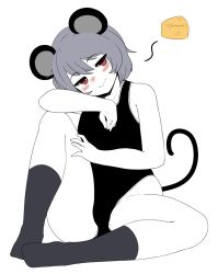 Rule 34 | 1girl, alternate costume, animal ears, black leotard, blush stickers, breasts, cheese, food, full body, grey hair, grey socks, hair between eyes, half-closed eyes, head tilt, highres, hip focus, knee up, leotard, looking to the side, mouse ears, mouse tail, nazrin, oozon (ozon), outline, red eyes, short hair, simple background, sitting, small breasts, socks, solo, tail, thighs, touhou, unfinished, white background