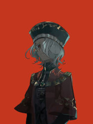 Rule 34 | 1girl, black hat, black shirt, commentary request, glasses, hair over one eye, hat, helena adams, highres, identity v, jacket, jewelry, medium hair, necklace, official alternate costume, red background, red jacket, red pupils, round eyewear, shirt, simple background, solo, toooka, upper body, white hair