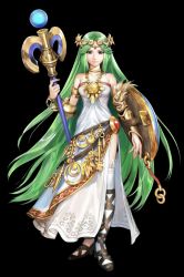 Rule 34 | 1girl, green eyes, green hair, highres, jewelry, kid icarus, long hair, lots of jewelry, matching hair/eyes, nintendo, off shoulder, official art, palutena, shield, solo, staff, thighhighs, tiara, very long hair