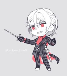Rule 34 | 1boy, antonio salieri (fate), antonio salieri (second ascension) (fate), ascot, black gloves, chibi, coattails, dagger, fate/grand order, fate (series), formal, gloves, half updo, hinoe (right-hnxx03), holding, holding weapon, jewelry, knife, male focus, necklace, pinstripe pattern, pinstripe suit, red eyes, sheath, solo, striped, suit, weapon, white hair