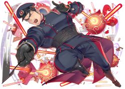 Rule 34 | 1boy, aizen (housamo), alternate costume, bara, black hair, dynamic pose, facial mark, forehead mark, full body, halo, halo behind head, hat, kijimahyogo, looking at viewer, male focus, official art, open mouth, pants, pectorals, police, police uniform, red eyes, shoes, solo, tokyo houkago summoners, transparent background, uniform