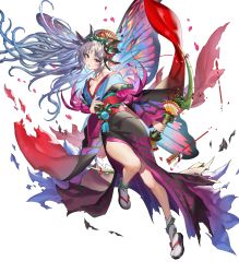 Rule 34 | 1girl, arrow (projectile), bare shoulders, bow (weapon), breasts, cleavage, facial mark, fairy wings, female focus, fire emblem, fire emblem heroes, forehead mark, full body, gradient hair, highres, holding, holding bow (weapon), holding weapon, japanese clothes, kimono, large breasts, long hair, multicolored hair, nintendo, obi, official art, plumeria (fire emblem), pointy ears, ponytail, red eyes, sandals, sash, solo, tabi, teffish, torn clothes, transparent background, weapon, white legwear, wide sleeves, wings