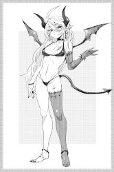 Rule 34 | 1girl, ahoge, anklet, bikini, bracelet, breast tattoo, breasts, choker, demon girl, demon tail, demon wings, dokunasubi, double-parted bangs, earrings, elbow gloves, facial mark, fingernails, gloves, greyscale, hair between eyes, hand up, highres, jewelry, long fingernails, looking to the side, monochrome, multi-strapped bikini bottom, nail polish, navel, original, pointy ears, ribbon, ringed eyes, sharp fingernails, sharp toenails, single barefoot, single elbow glove, single thighhigh, solo, stomach, string bikini, swimsuit, tail, tattoo, thighhighs, toenails, wings