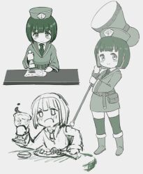 Rule 34 | 1girl, alternate costume, angry, belt, belt pouch, blush, blush stickers, boots, chalice, closed mouth, counter, cropped torso, cup, dress, food, full body, green theme, grey background, hammer, hand on table, highres, holding, holding cup, holding hammer, ink stamp, kimutomo 2, knee boots, kyoumachi seika, long sleeves, looking at viewer, monochrome, multiple views, necktie, open mouth, over shoulder, pillbox hat, plate, pouch, short dress, short hair, simple background, smile, standing, thighhighs, two-handed, unfinished, v-shaped eyebrows, voiceroid, war hammer, weapon, weapon over shoulder
