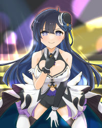 Rule 34 | 1girl, absurdres, black gloves, black shorts, black sleeves, blue eyes, blue hair, blush, breasts, cleavage, cleavage cutout, clothing cutout, commentary, detached sleeves, dress, frilled dress, frills, gloves, heart cutout, highres, idol, idol clothes, kson, large breasts, long hair, looking at viewer, mole, mole under eye, multicolored hair, natsumiyuhi, navel, navel cutout, purple hair, shorts, souchou, streaked hair, thighhighs, virtual youtuber, vshojo, vshojo idol uniform, white dress, white gloves, white thighhighs