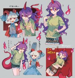 Rule 34 | 2girls, blue dress, blue ribbon, closed mouth, curled horns, dress, fingernails, green shirt, green shorts, grey hair, grin, highres, horn ornament, horn ribbon, horns, long fingernails, long hair, multiple girls, oito (bowstringsmall), open mouth, oversized object, pointy ears, purple hair, red eyes, red horns, red sleeves, ribbon, sharp fingernails, sharp teeth, shirt, short hair, short sleeves, shorts, single horn, smile, spork, syringe, tail, teeth, tenkajin chiyari, touhou, toutetsu yuuma, translation request