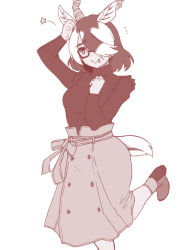 Rule 34 | 1girl, :p, antelope ears, antelope horns, blackbuck (kemono friends), casual, commentary request, cowboy shot, earrings, extra ears, frilled sleeves, frills, glasses, hair over one eye, hand on own head, highres, isna no ashiato, jewelry, kemono friends, kemono friends 3, long skirt, long sleeves, monochrome, multicolored hair, official alternate costume, short hair, skirt, solo, standing, standing on one leg, star (symbol), sweater, tail, tongue, tongue out, turtleneck, turtleneck sweater, two-tone hair