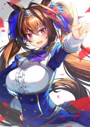 Rule 34 | 1girl, :d, animal ears, blue jacket, blush, bow, breasts, brown hair, commentary request, confetti, daiwa scarlet (umamusume), fang, hair between eyes, hair bow, hair intakes, highres, horse ears, horse girl, horse tail, jacket, large breasts, long hair, long sleeves, looking at viewer, open mouth, purple bow, red bow, red eyes, ringozaka mariko, shirt, smile, solo, standing, tail, tiara, twintails, umamusume, upper body, white background, white shirt