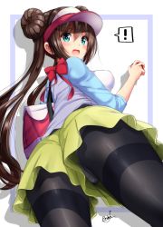 Rule 34 | !, 1girl, ass, bag, black pantyhose, blue eyes, blush, breasts, brown hair, creatures (company), double bun, from behind, from below, game freak, hair between eyes, hair bun, highres, large breasts, long hair, looking at viewer, looking back, mokufuu, nintendo, open mouth, panties, panties under pantyhose, pantyhose, pantyhose under shorts, pantyshot, pokemon, pokemon bw2, raglan sleeves, rosa (pokemon), see-through, shorts, signature, simple background, solo, speech bubble, spoken exclamation mark, twintails, underwear, upshorts, very long hair, visor cap