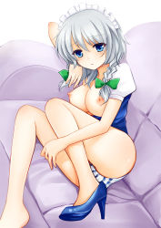 Rule 34 | 1girl, bare legs, barefoot, blue eyes, blush, braid, breasts, breasts out, couch, female focus, head rest, high heels, izayoi sakuya, leaning, maid, maid headdress, nikoo, nipples, panties, shoes, short hair, silver hair, single shoe, solo, striped clothes, striped panties, touhou, twin braids, underwear