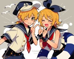Rule 34 | 1boy, 1girl, anchor symbol, arisa (aren), ascot, bad id, bad pixiv id, bare shoulders, bird, blonde hair, blush, bow, brother and sister, cabbie hat, green eyes, grin, hair bow, hair ornament, hairclip, happy, hat, index finger raised, kagamine len, kagamine rin, lifebuoy, necktie, red neckwear, sailor collar, sailor hat, sailor shirt, seagull, shirt, short hair, short ponytail, short sleeves, siblings, sleeveless, sleeveless shirt, smile, sparkle, swim ring, twins, v, vocaloid, wrist cuffs