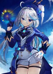 Rule 34 | 1girl, ahoge, ascot, asymmetrical gloves, blue ascot, blue bow, blue eyes, blue gloves, blue hair, blue hat, blue jacket, blue sky, bow, brooch, cloud, commentary, cowboy shot, day, furina (genshin impact), genshin impact, gloves, grey hair, hair intakes, hand up, hat, hat bow, highres, jacket, jewelry, kaguya (kaguyafae), long hair, long sleeves, mismatched gloves, multicolored hair, short shorts, shorts, sky, solo, standing, streaked hair, thigh strap, thighs, top hat, very long hair, white gloves, white shorts