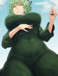 Rule 34 | 2girls, puff of air, belly, breasts, covered navel, cowboy shot, dress, from below, giant, giantess, green dress, green eyes, green hair, hat, large breasts, lifting person, long sleeves, looking at another, multiple girls, pointy ears, pointy hair, purple skirt, shirt, short hair, skirt, sleeveless, sleeveless shirt, soga no tojiko, solo focus, tate eboshi, touhou, toyosatomimi no miko, utopia