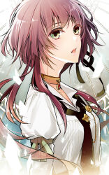 Rule 34 | 1girl, armband, black necktie, brown hair, collar, collar x malice, collared shirt, green armband, green eyes, grey background, hoshino ichika (collar x malice), long sleeves, looking at viewer, multicolored background, necktie, open mouth, ouka mai, shirt, solo, white background, white shirt