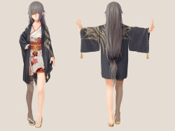 Rule 34 | 1girl, absurdres, arm at side, arm up, black shirt, black thighhighs, closed mouth, commentary request, floral print, from behind, full body, garter straps, grey hair, hair tie, hand on own hip, highres, japanese clothes, kimono, lace, lace-trimmed legwear, lace trim, long hair, long sleeves, looking at viewer, multiple views, open clothes, open shirt, orange eyes, outstretched arms, red sash, ribbon, sandals, sash, shirt, simple background, single thighhigh, spread arms, tacshojosora, tan background, thighhighs, very long hair, white kimono, wide sleeves, yellow ribbon