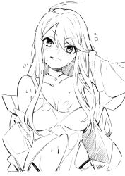 Rule 34 | ahoge, asymmetrical bangs, bare shoulders, breasts, cleavage, collarbone, covered navel, greyscale, hair over breasts, hair over shoulder, hand in own hair, hand on own ear, idolmaster, idolmaster million live!, idolmaster million live! theater days, jewelry, large breasts, long hair, looking at viewer, mitogawawataru, monochrome, necklace, open clothes, open shirt, parted bangs, shirt, signature, simple background, sleeveless, sleeveless shirt, straight hair, sweat, tokoro megumi, upper body, wet, wet clothes, wet shirt, white background