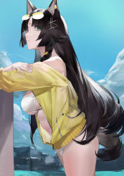 Rule 34 | 1girl, animal ears, arknights, bikini, blazpu, blue eyes, blue sky, braid, breasts, cloud, cowboy shot, dog ears, dog tail, earclip, eyewear on head, facial mark, forehead mark, from side, hair ornament, highres, jacket, large breasts, long hair, looking at viewer, open clothes, open jacket, parted lips, saga (arknights), sideboob, sky, solo, sunglasses, swimsuit, tail, thighs, very long hair, white bikini, yellow jacket