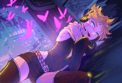 Rule 34 | 1boy, ahoge, armpits, belt, blonde hair, blue eyes, bug, butterfly, butterfly tattoo, city, crossed arms, detached sleeves, facial tattoo, glowing, glowing eyes, hands on own shoulders, headphones, highres, hip vent, insect, kagamine len, knee up, latex, long sleeves, looking at viewer, lying, male focus, multiple belts, naimaze atakamo, on ground, on side, ponytail, punkish (module), short hair, shorts, skin tight, smile, tattoo, thick eyebrows, thighhighs, tongue, tongue out, vocaloid